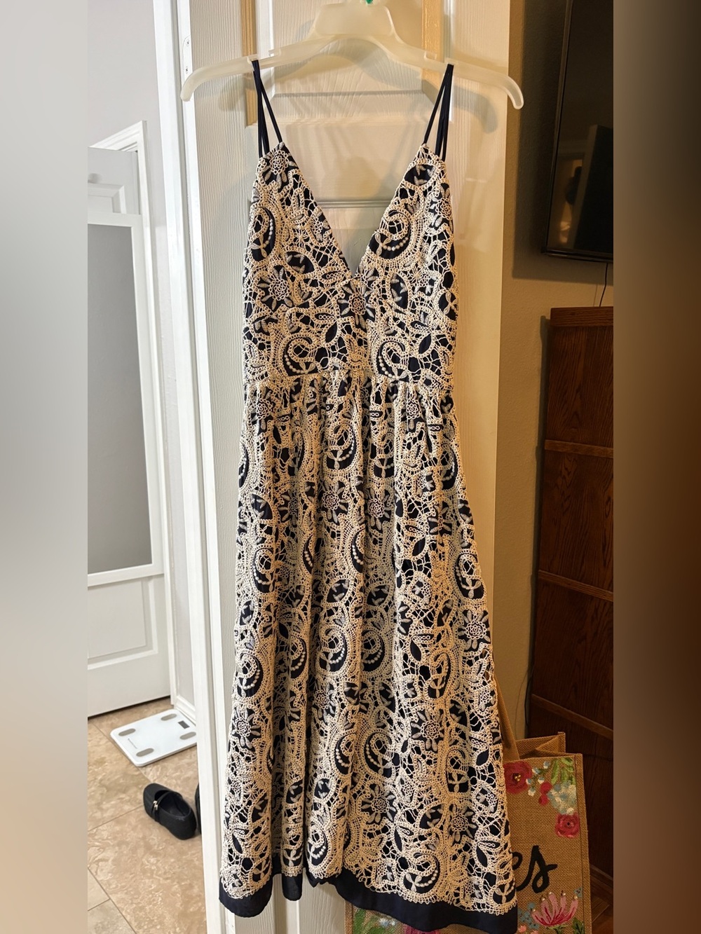 Navy Blue V-Neck Lace Overlay Sundress